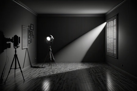 a black room with dramatic lighting, featuring a single spotlight and the shadows of objects, created with generative aiの素材