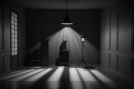 a black room with dramatic lighting, featuring a single spotlight and the shadows of objects, created with generative aiの素材