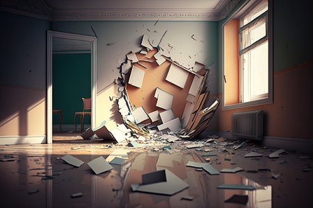 empty room, with broken or shattered furniture and debris on the floor, created with generative aiの素材