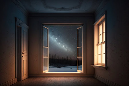 empty room with a view of the night sky, stars shining brightly, created with generative aiの素材