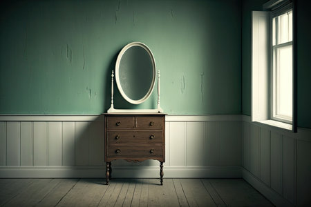 empty room with vintage dresser and mirror, showcasing the beauty of simple design, created with generative aiの素材