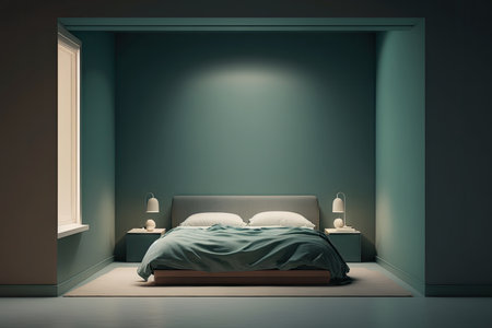 empty bedroom, with bed and nightstands, in tranquil room, created with generative aiの素材