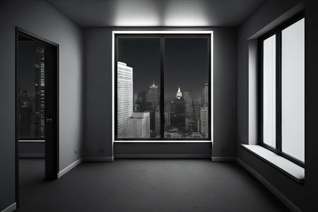 empty room, with view of busy cityscape, full of hustle and bustle, created with generative aiの素材