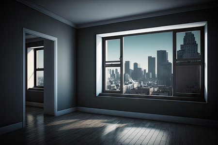 empty room with view of bustling cityscape, ideal setting for action-packed chase scene, created with generative aiの素材