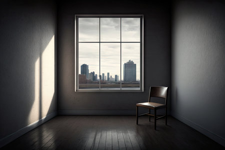 empty room, with view of busy cityscape, featuring a window and chair, created with generative aiの素材