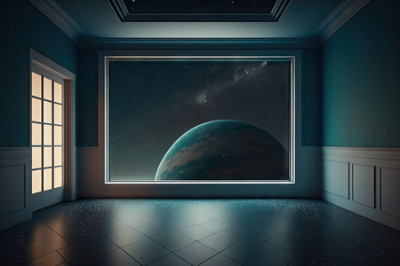 empty room with view of the night sky, filled with stars and planets, created with generative aiの素材