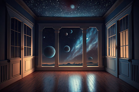 empty room with view of the night sky, filled with stars and planets, created with generative aiの素材