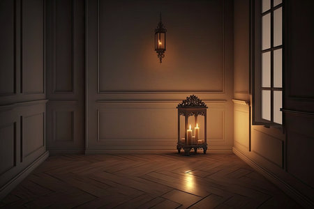 empty room with candlelight and flickering shadows, creating cozy and romantic atmosphere, created with generative aiの素材