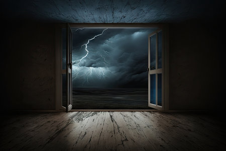 empty room with view of stormy night sky, lightning flashing, created with generative aiの素材