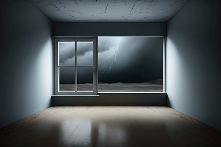 empty room with view of stormy night sky, lightning flashing, created with generative aiの素材