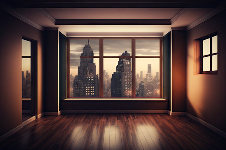 empty room, with view of bustling city, filled with life and energy, created with generative aiの素材