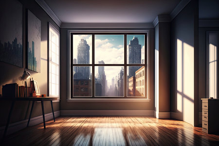 empty room, with view of bustling city, filled with life and energy, created with generative aiの素材