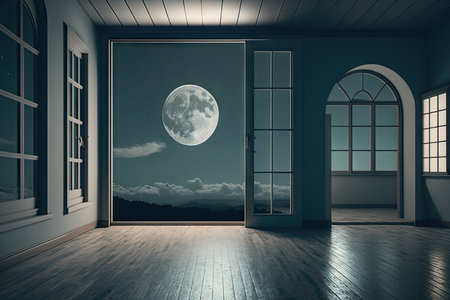 empty room with view of the night sky, featuring a full moon and twinkling stars, created with generative aiの素材