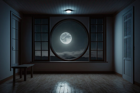 empty room with view of the night sky, featuring a full moon and twinkling stars, created with generative aiの素材
