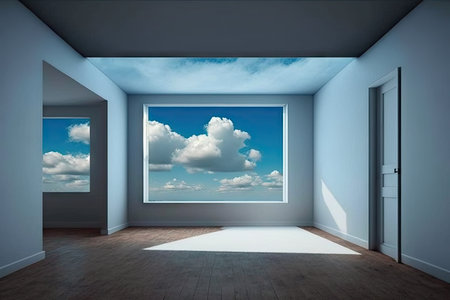 the empty room, with view of the blue sky and fluffy clouds, can be a peaceful place for meditation, created with generative aiの素材