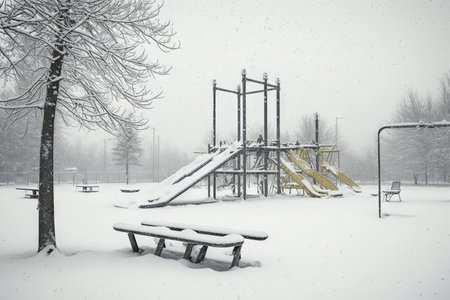 empty playground in the snow, with sleds and skis nearby, created with generative aiの素材