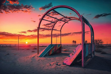 empty playground with a view of the sunset, surrounded by colorful sky, created with generative aiの素材