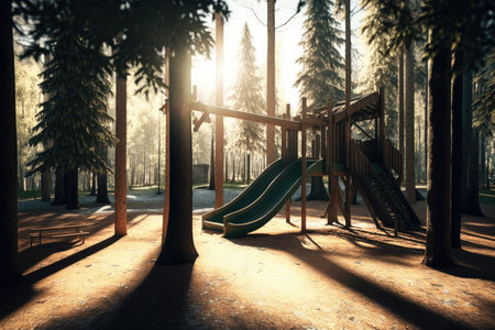 empty playground surrounded by towering trees, with the sun filtering through the branches, created with generative aiの素材