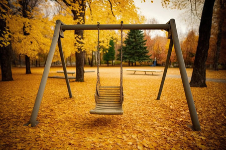 empty playground with swings and slide in the autumn, with yellow leaves on the ground, created with generative aiの素材