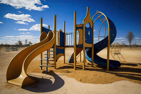 empty playground with climbing equipment and slide in the background of blue sky, created with generative aiの素材