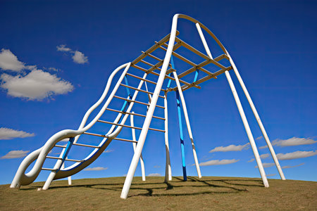 empty playground with climbing equipment and slide in the background of blue sky, created with generative aiの素材