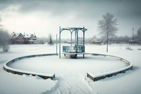 empty playground during winter, with snow falling and frozen pond in the background, created with generative aiの素材