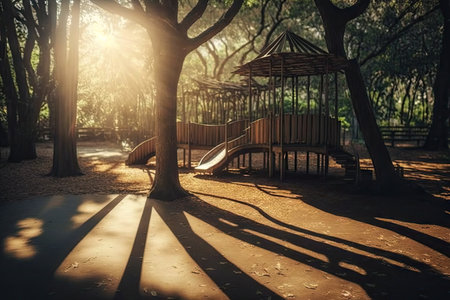 empty playground on a sunny day, with rays of light shining through the trees, created with generative aiの素材