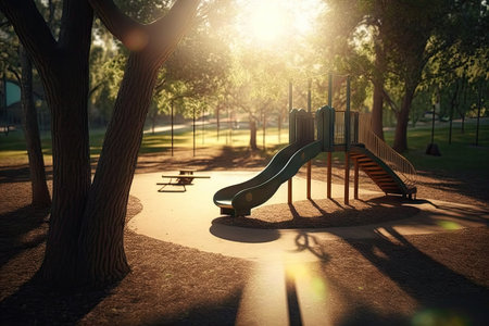 empty playground on a sunny day, with rays of light shining through the trees, created with generative aiの素材