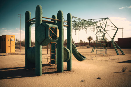 empty playground with towering jungle gym and rope climbing station, created with generative aiの素材
