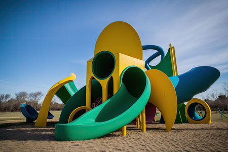 a playground with slides, swings, and other equipment in the distance, created with generative aiの素材