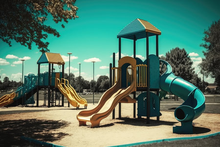 a playground with slides, swings, and other equipment in the distance, created with generative aiの素材