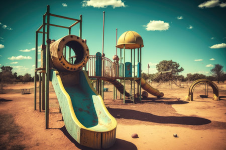 a playground with slides, swings, and other equipment in the distance, created with generative aiの素材