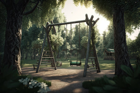 a playground with an empty swing set, surrounded by tall trees and lush greenery, created with generative aiの素材