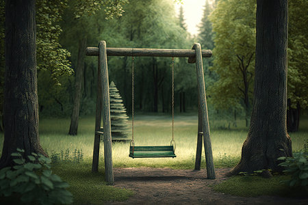 a playground with an empty swing set, surrounded by tall trees and lush greenery, created with generative aiの素材
