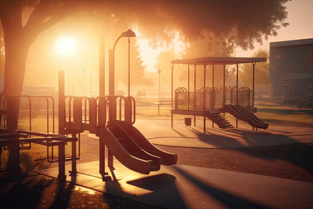 empty playground at sunrise, with the sun shining brightly and casting warm rays across the playground, created with generative aiの素材