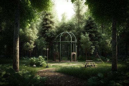 empty playground surrounded by towering trees and lush greenery, bringing a sense of serenity to the space, created with generative aiの素材
