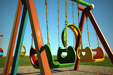 close-up of swing set with empty swings swaying in the breeze, created with generative aiの素材