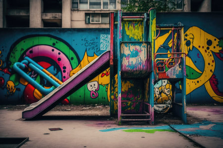 empty playground with colorful and graffiti-covered equipment, in urban setting, created with generative aiの素材