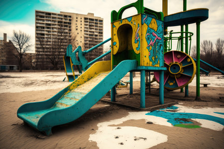 empty playground with colorful and graffiti-covered equipment, in urban setting, created with generative aiの素材