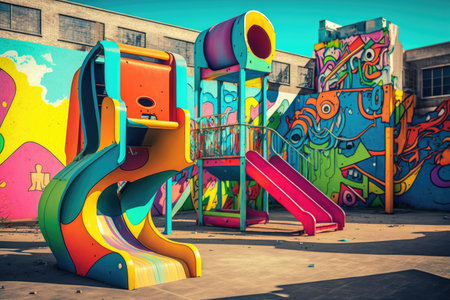 empty playground with colorful and graffiti-covered equipment, in urban setting, created with generative aiの素材