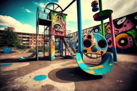 empty playground with colorful and graffiti-covered equipment, in urban setting, created with generative aiの素材