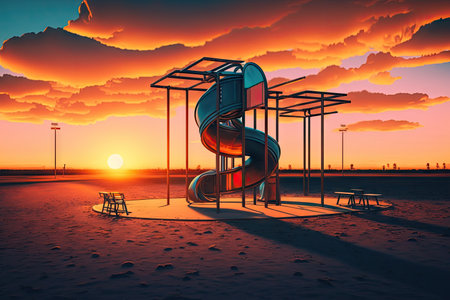 empty playground with view of the sunset, showcasing the colors and beauty of the sky, created with generative aiの素材