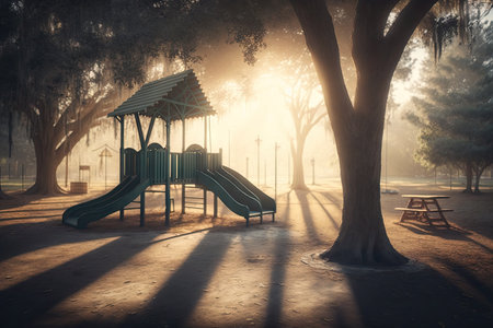 empty playground at sunrise, with rays of sunlight shining through the trees, created with generative aiの素材