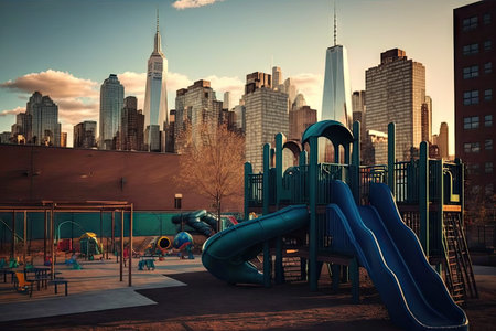 a playground with a view of the city skyline, surrounded by towering buildings and busy streets, created with generative aiの素材