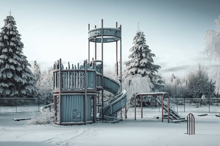 empty playground during the winter, with snow and icicles, created with generative aiの素材