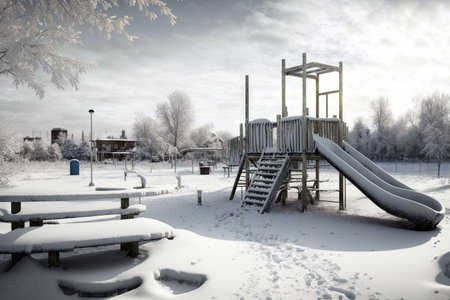 empty playground during the winter, with snow and icicles, created with generative aiの素材