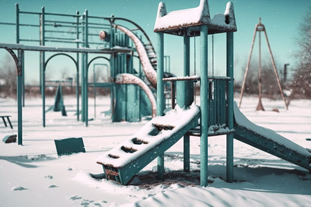 view of empty playground in winter, with snow and icicles on the equipment, created with generative aiの素材