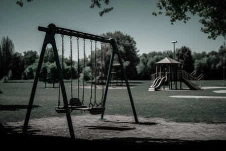 empty playground with swings and slides in the foreground, and a view of a picturesque park in the background, created with generative aiの素材