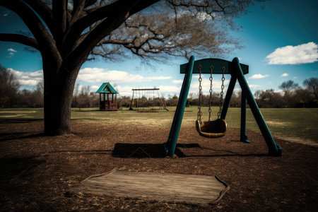 empty playground with swings and slides in the foreground, and a view of a picturesque park in the background, created with generative aiの素材