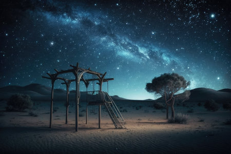 a playground with a view of the night sky, stars shining above, created with generative aiの素材